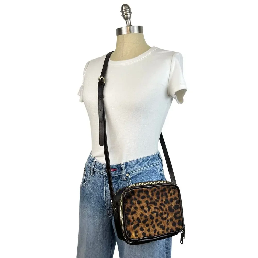 Patricia Nash Leopard Haircalf Rimini Double Zip Box Crossbody Bag